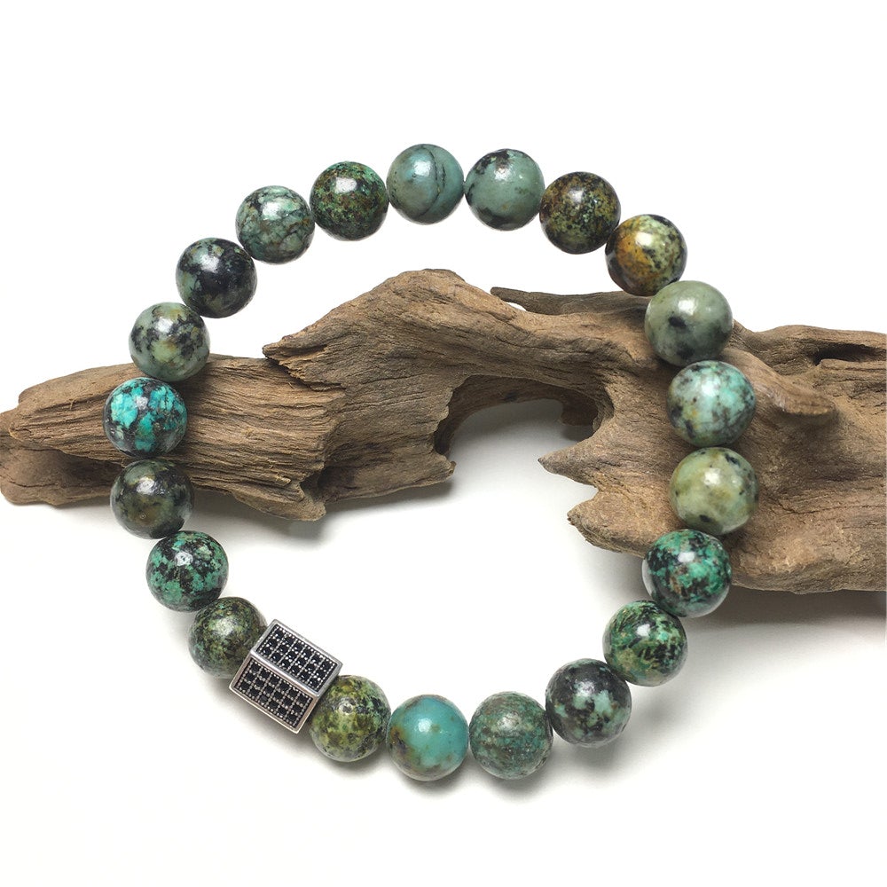 African Turqoiuse Stone Beads with Black Striped CZ Charms Elastic Rope Handmade Bracelets