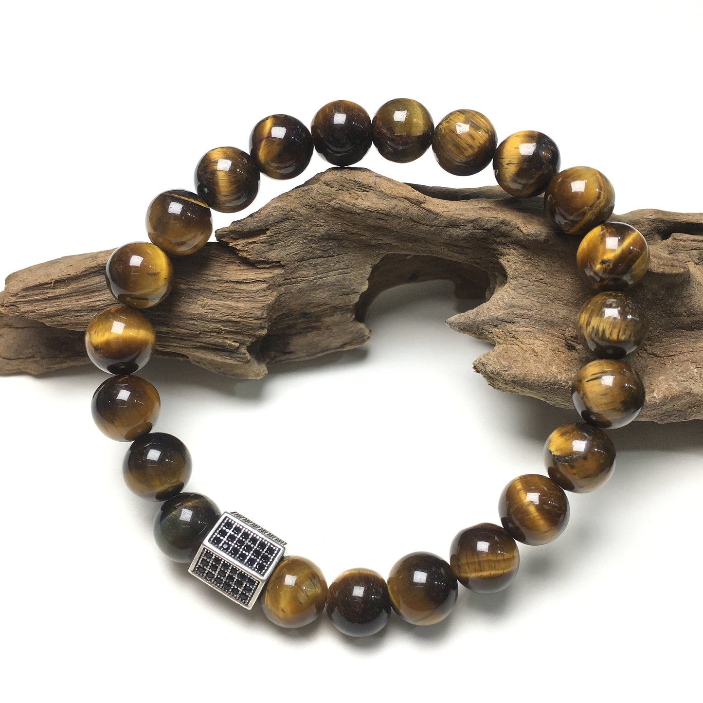 Black Striped CZ Charms Tiger Eye Stone Beads Elastic Rope Handmade Bracelets