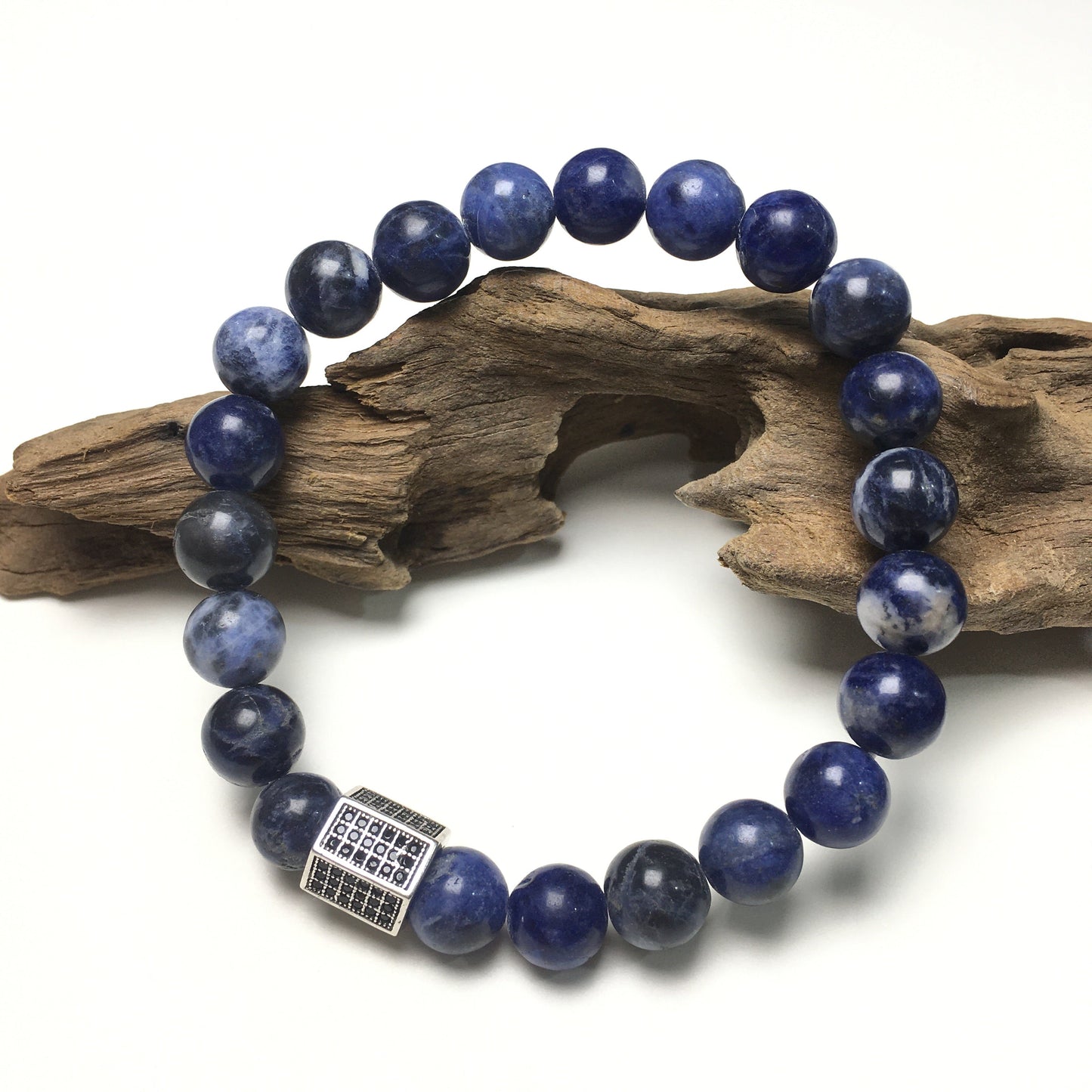 Black Striped CZ Charms Sodalite Stone Beads Elastic Rope Handmade Bracelets