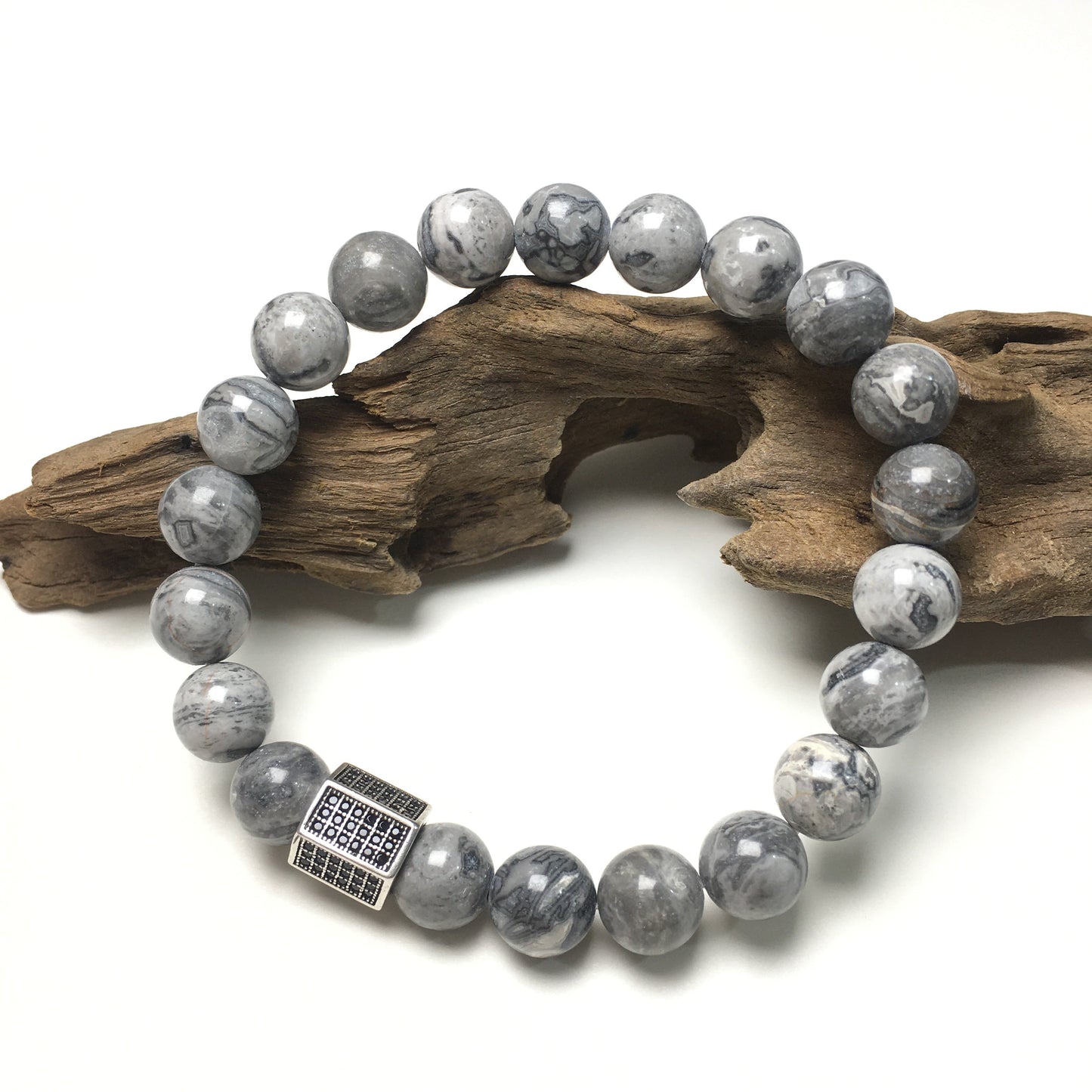 Map Stone Beads with Black Striped CZ Charms Elastic Rope Handmade Bracelets
