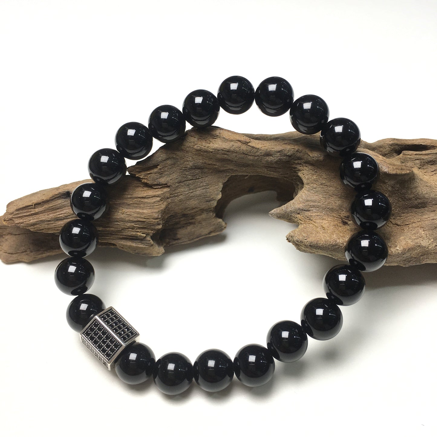 Black Striped CZ Charms Black Onyx Stone Beads Elastic Rope Handmade Bracelets