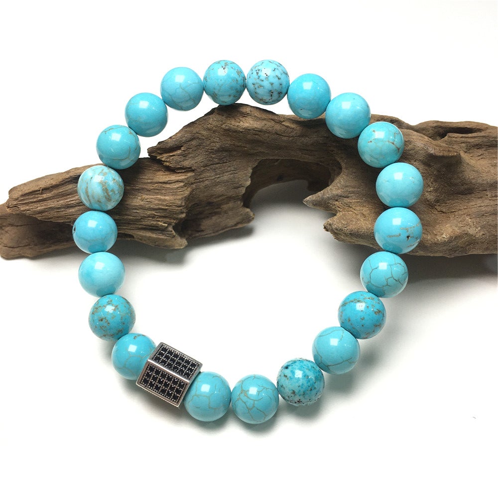 Blue Turqouise Stone Beads with Black Striped CZ Charms Elastic Rope Handmade Bracelets