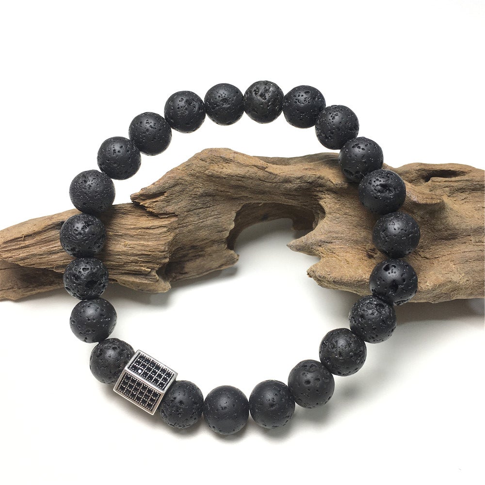 Lava Stone Beads with Black Striped CZ Charms Elastic Rope Handmade Bracelets