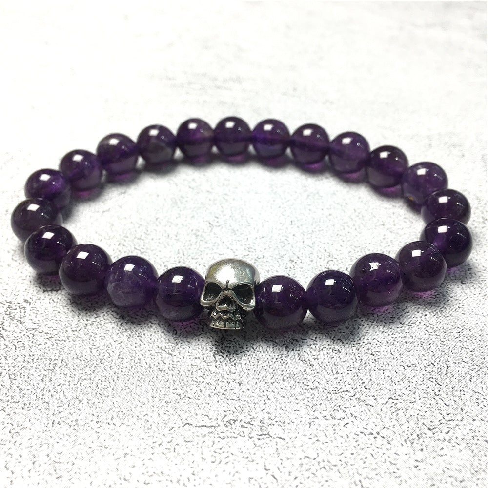 Amethyst Gemstone Unisex Handmade Stretch Bracelet Imperial Skull Charm
