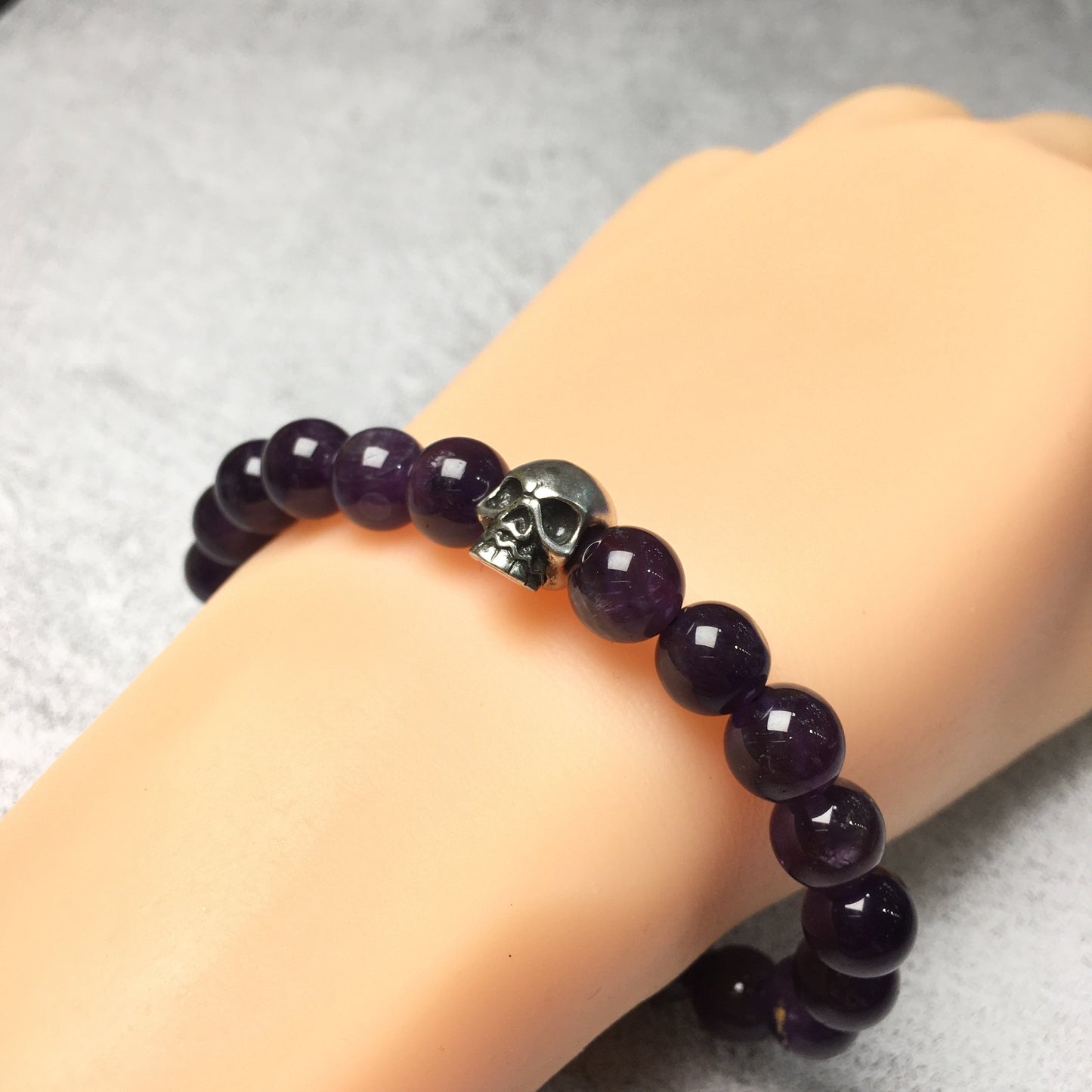 Amethyst Gemstone Unisex Handmade Stretch Bracelet Imperial Skull Charm
