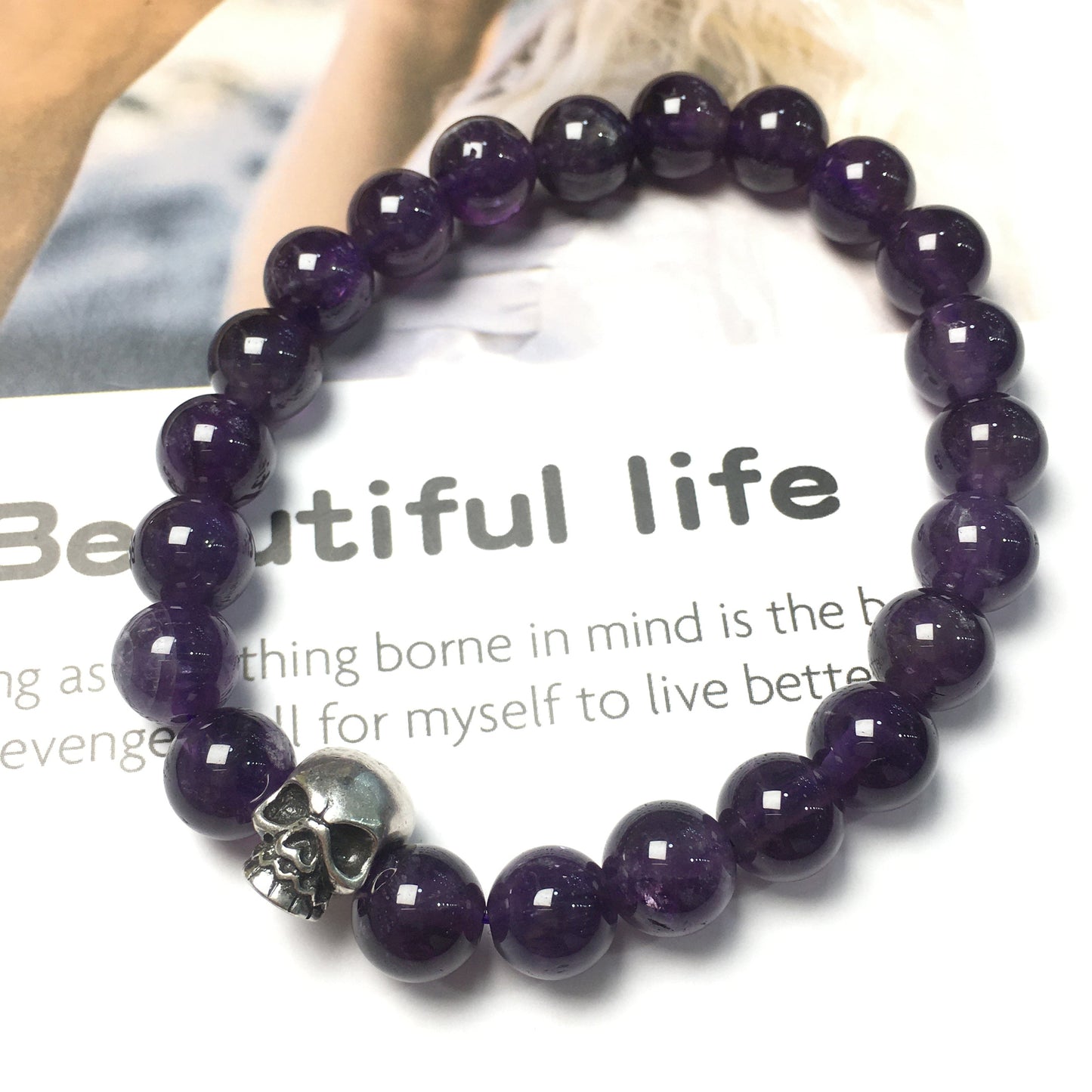 Amethyst Gemstone Unisex Handmade Stretch Bracelet Imperial Skull Charm