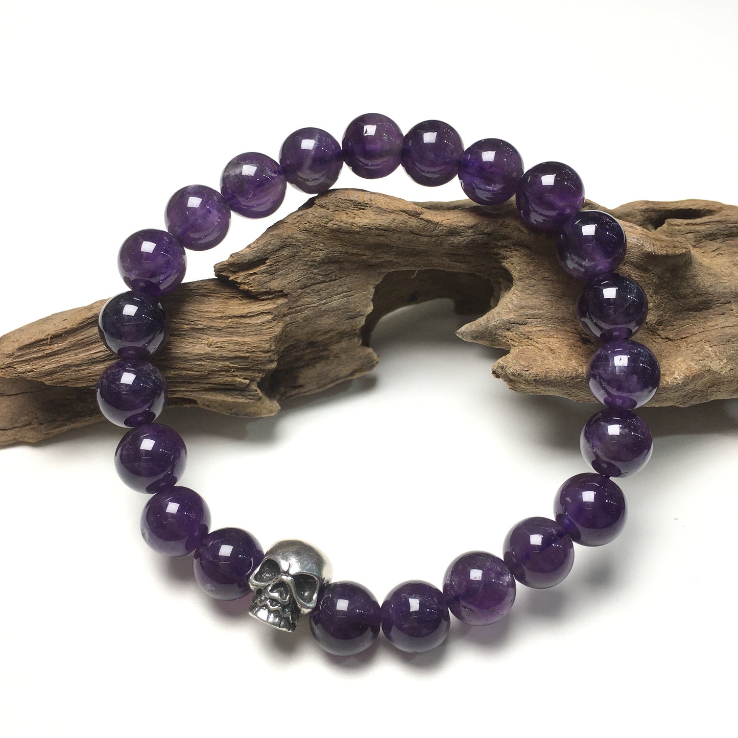 Amethyst Gemstone Unisex Handmade Stretch Bracelet Imperial Skull Charm