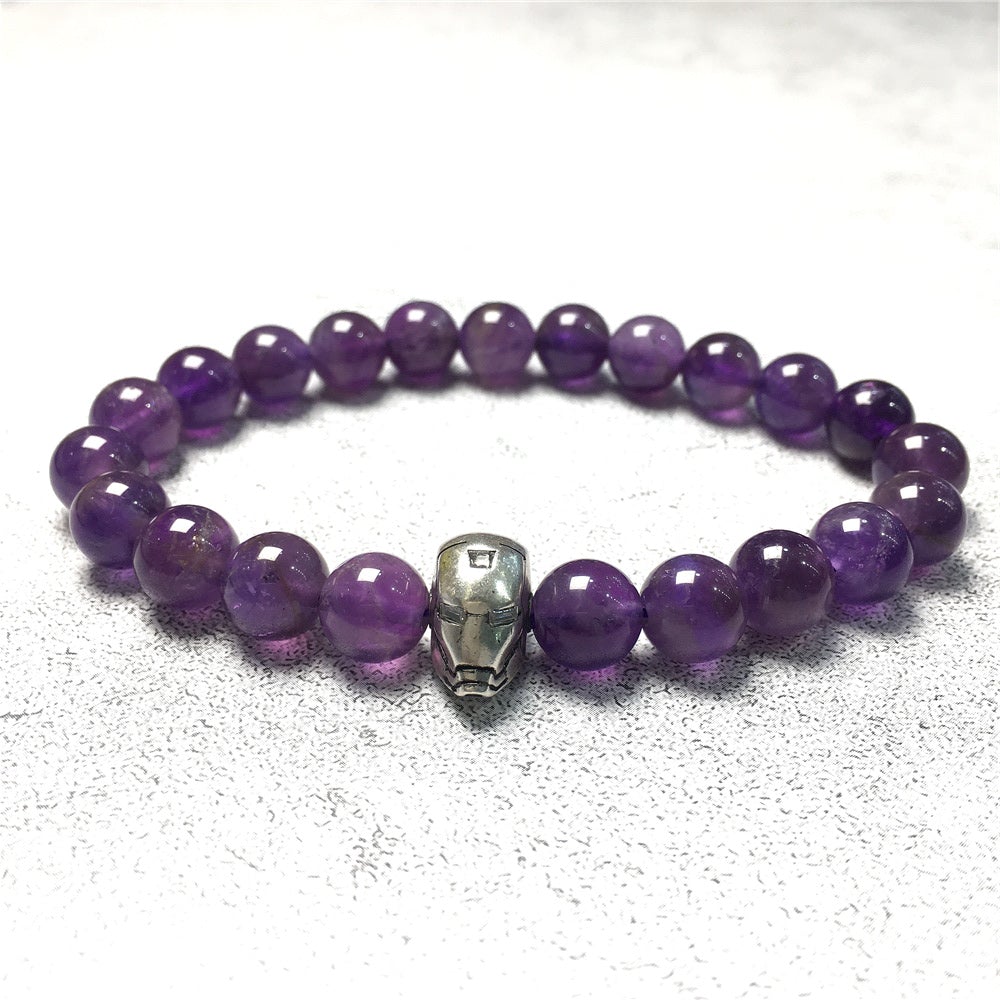 Super Hero Iron Man Bracelet Amethyst Beads Elastic Handmade Jewelry Accessories