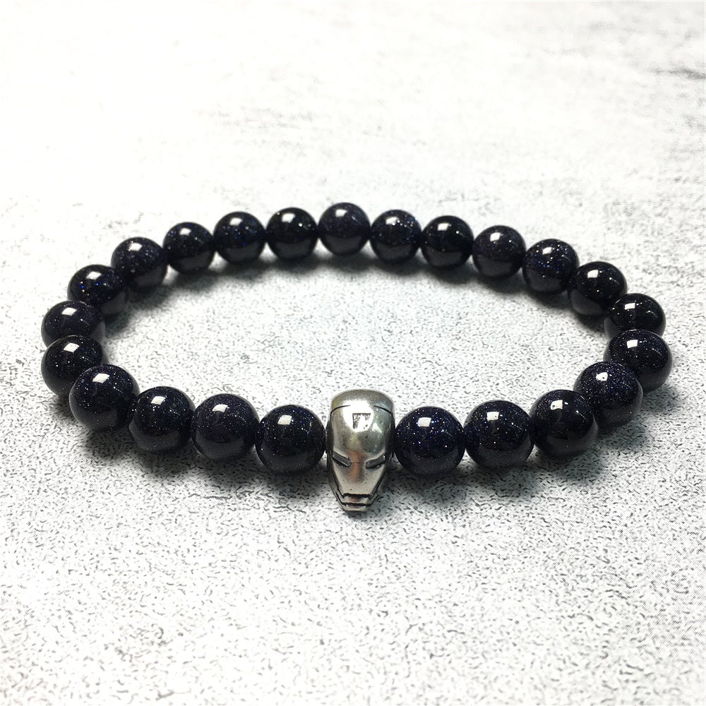 Blue Sandstone Beads with Super Hero Iron Man Bracelet Elastic Handmade Jewelry Accessories