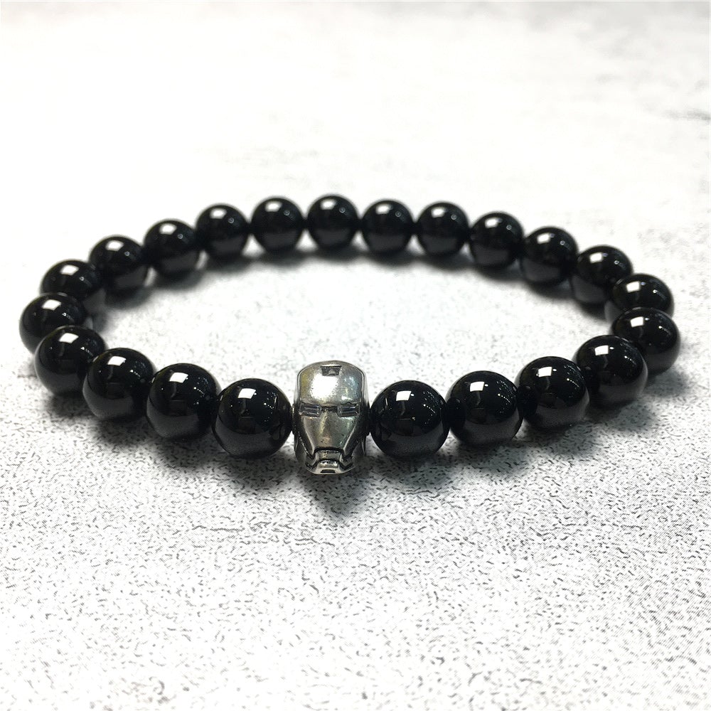 Black Onyx Beads with Super Hero Iron Man Bracelet Elastic Handmade Jewelry Accessories
