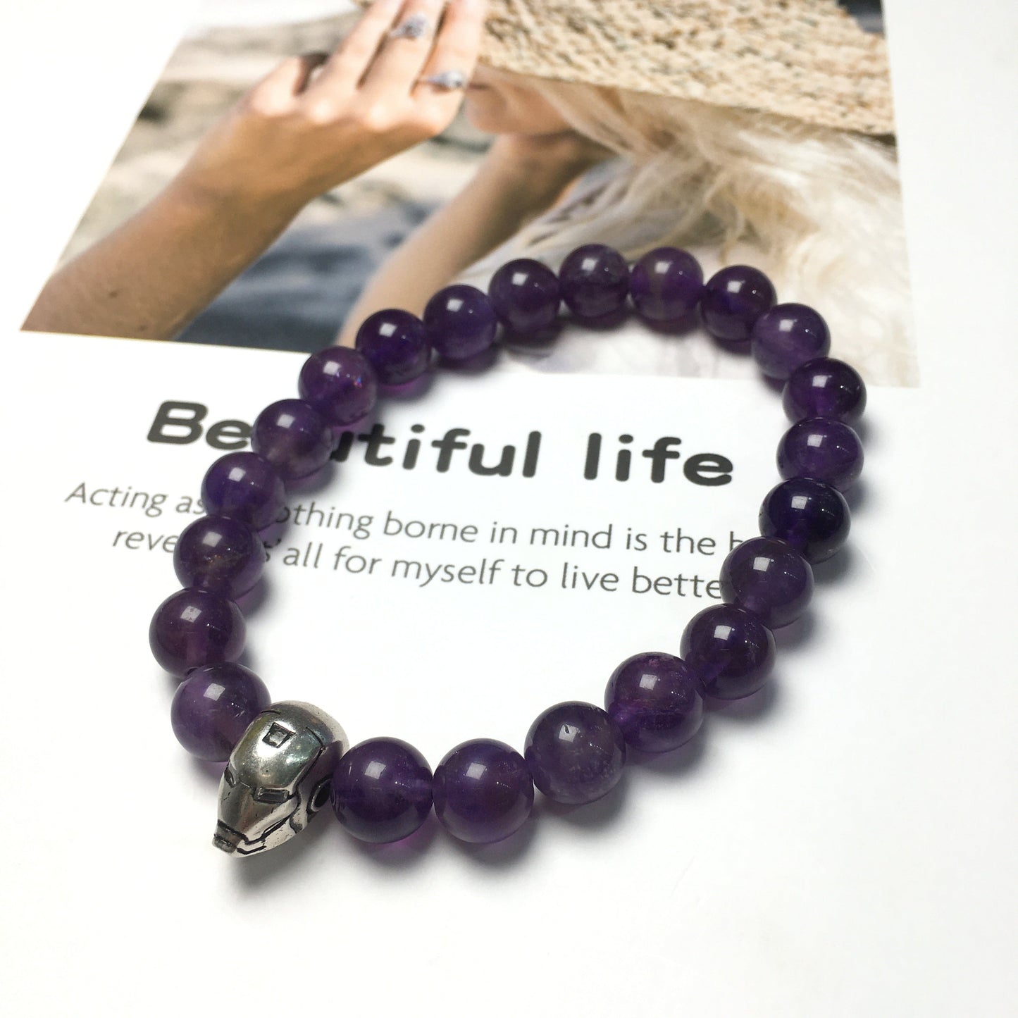 Super Hero Iron Man Bracelet Amethyst Beads Elastic Handmade Jewelry Accessories