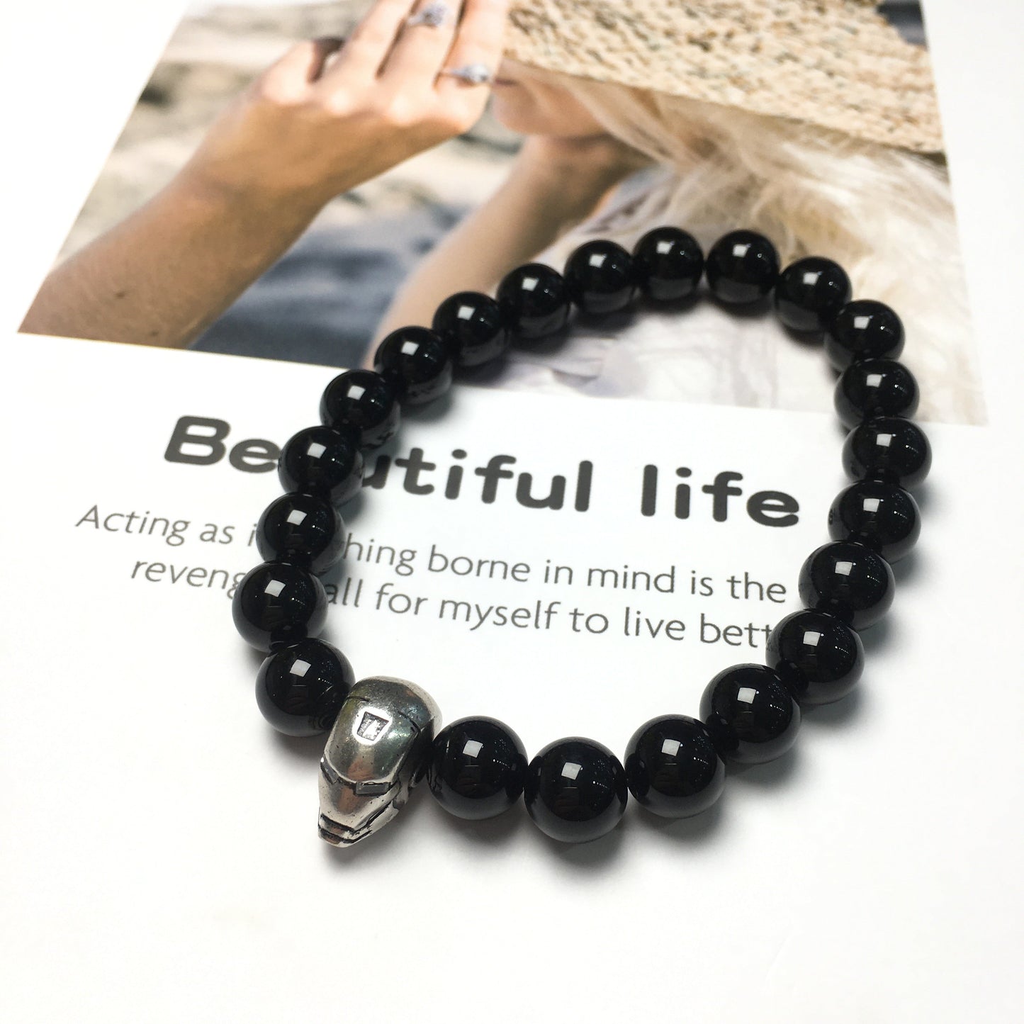 Black Onyx Beads with Super Hero Iron Man Bracelet Elastic Handmade Jewelry Accessories