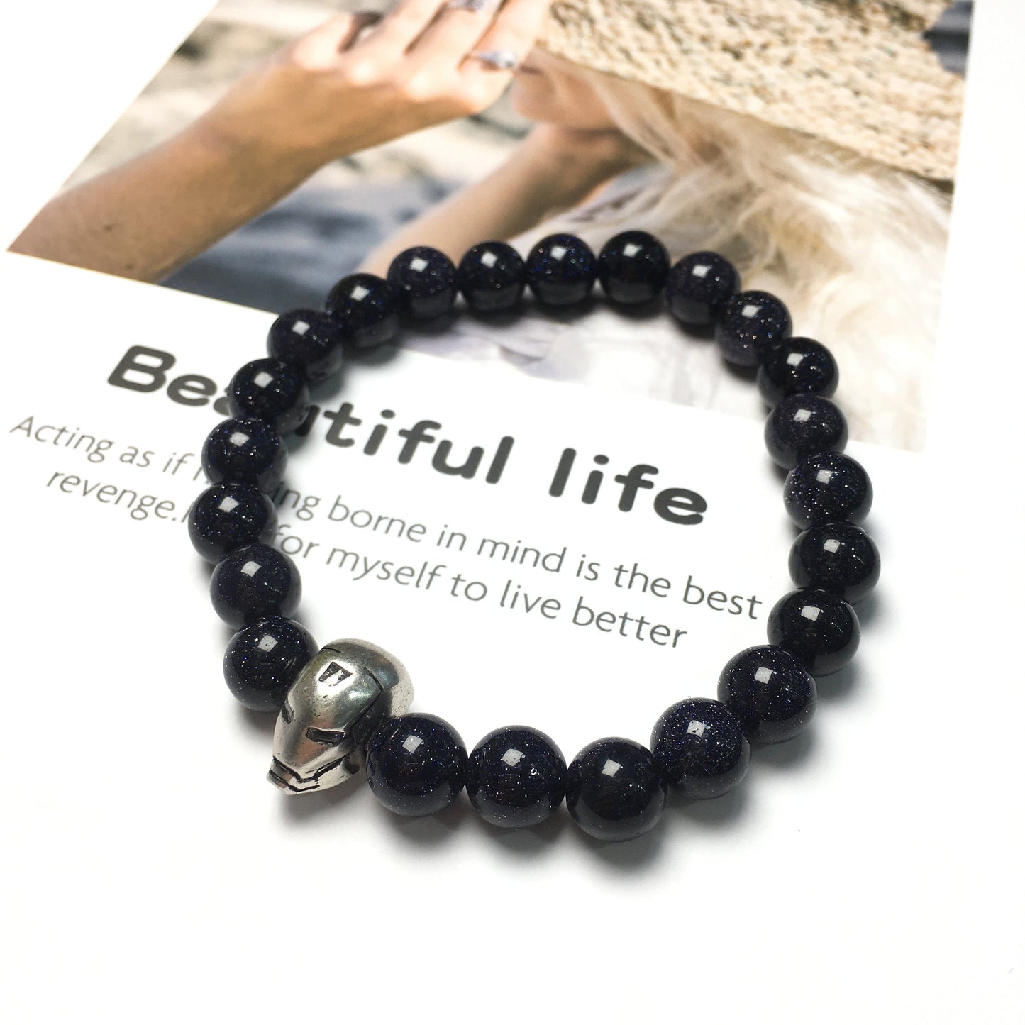 Blue Sandstone Beads with Super Hero Iron Man Bracelet Elastic Handmade Jewelry Accessories