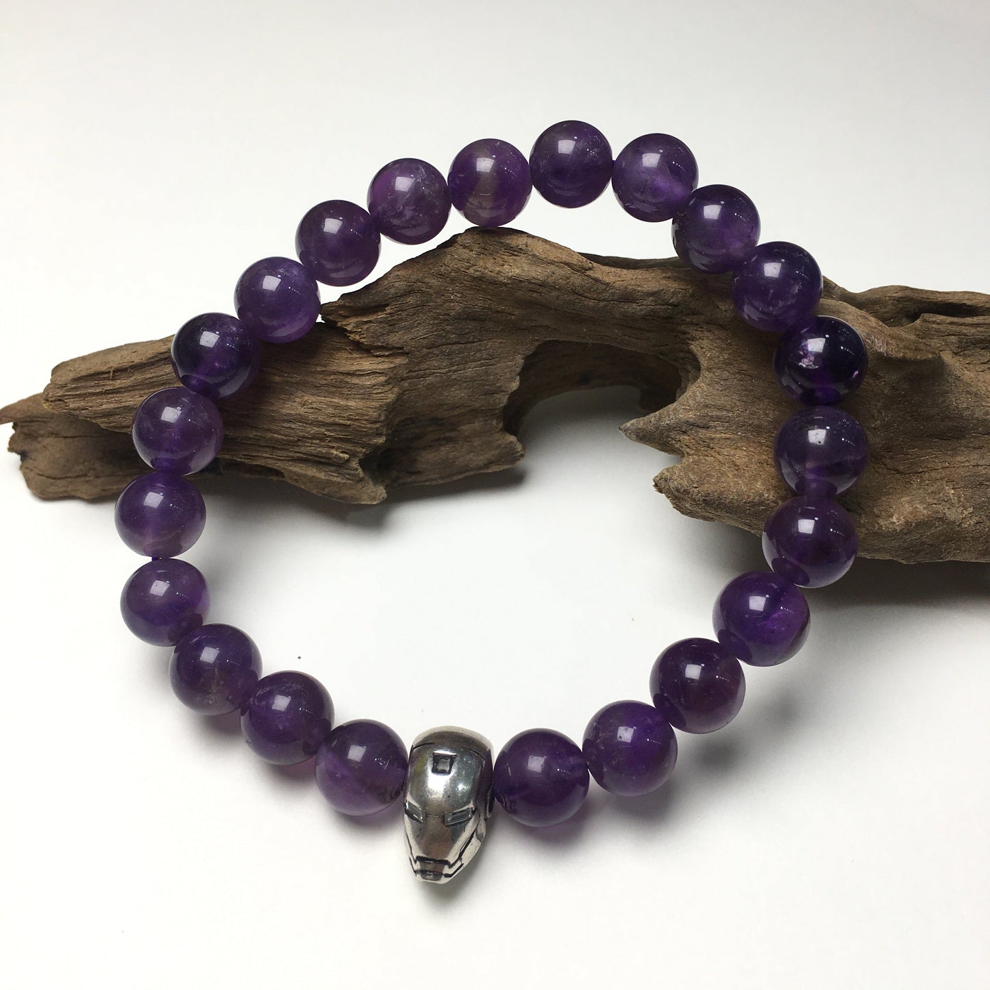 Super Hero Iron Man Bracelet Amethyst Beads Elastic Handmade Jewelry Accessories