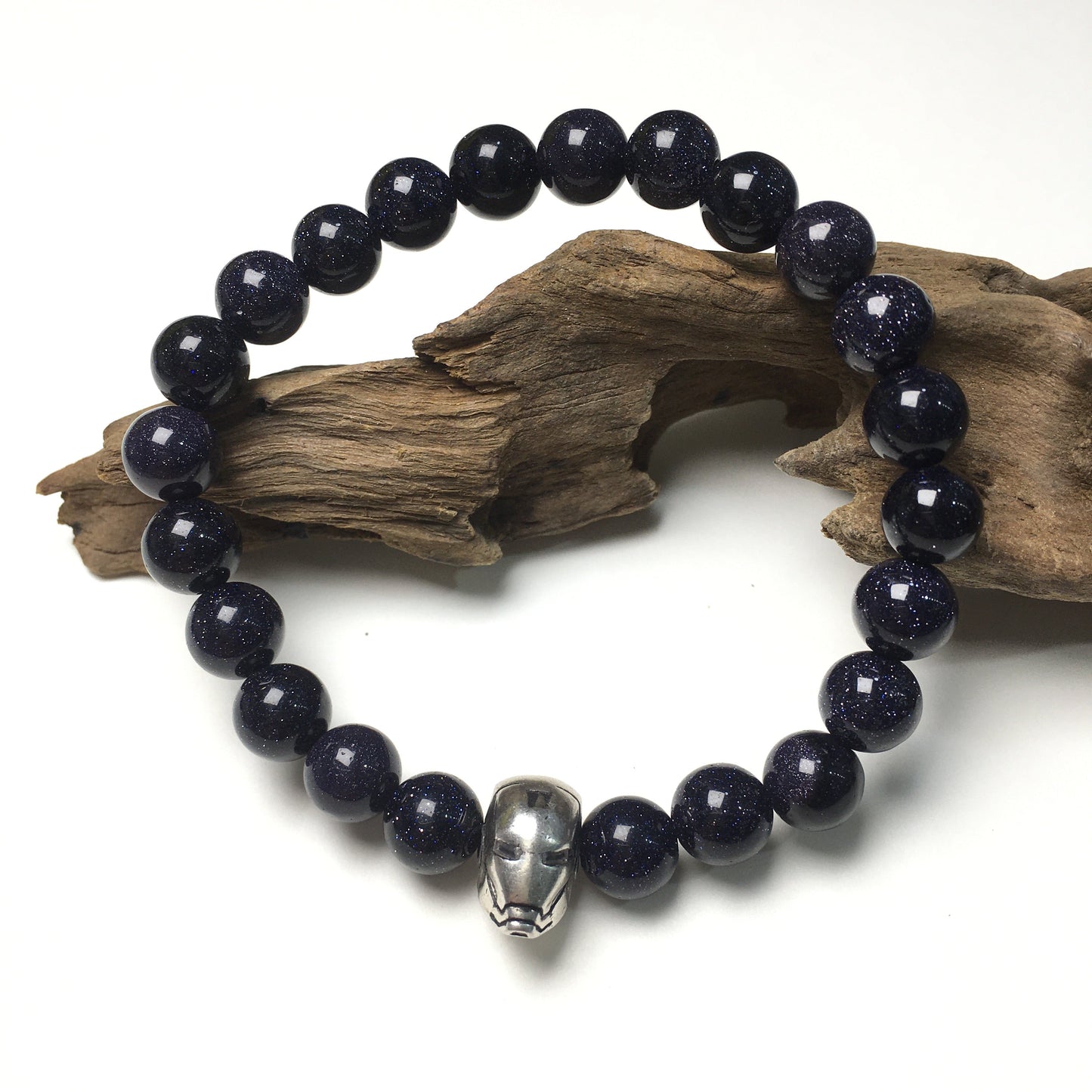Blue Sandstone Beads with Super Hero Iron Man Bracelet Elastic Handmade Jewelry Accessories