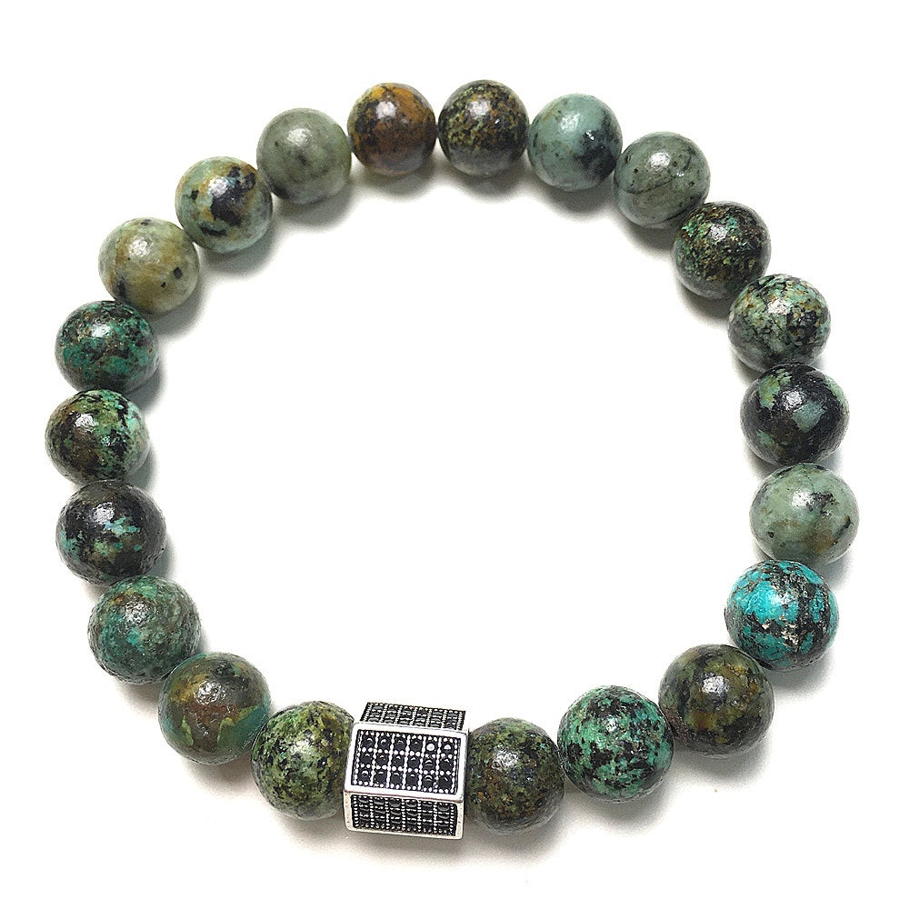 African Turqoiuse Stone Beads with Black Striped CZ Charms Elastic Rope Handmade Bracelets