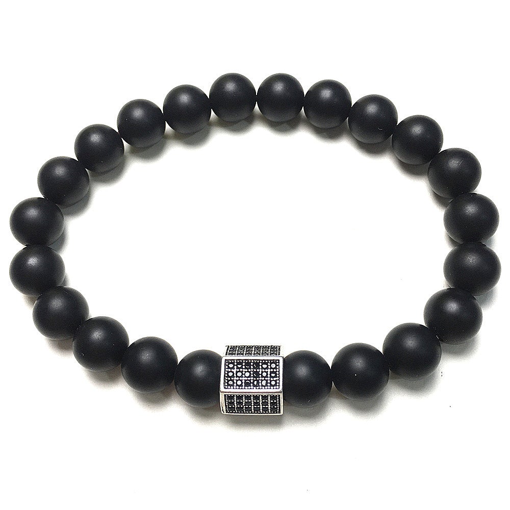 Black Matte Onyx Stone Beads with Black Striped CZ Charms Elastic Rope Handmade Bracelets