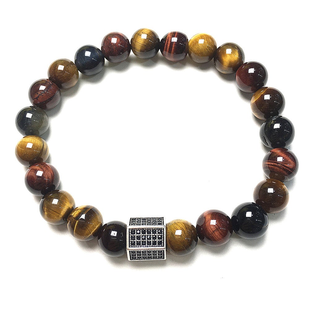 Multi Color Tigereye Stone Beads with Black Striped CZ Charms Elastic Rope Handmade Bracelets