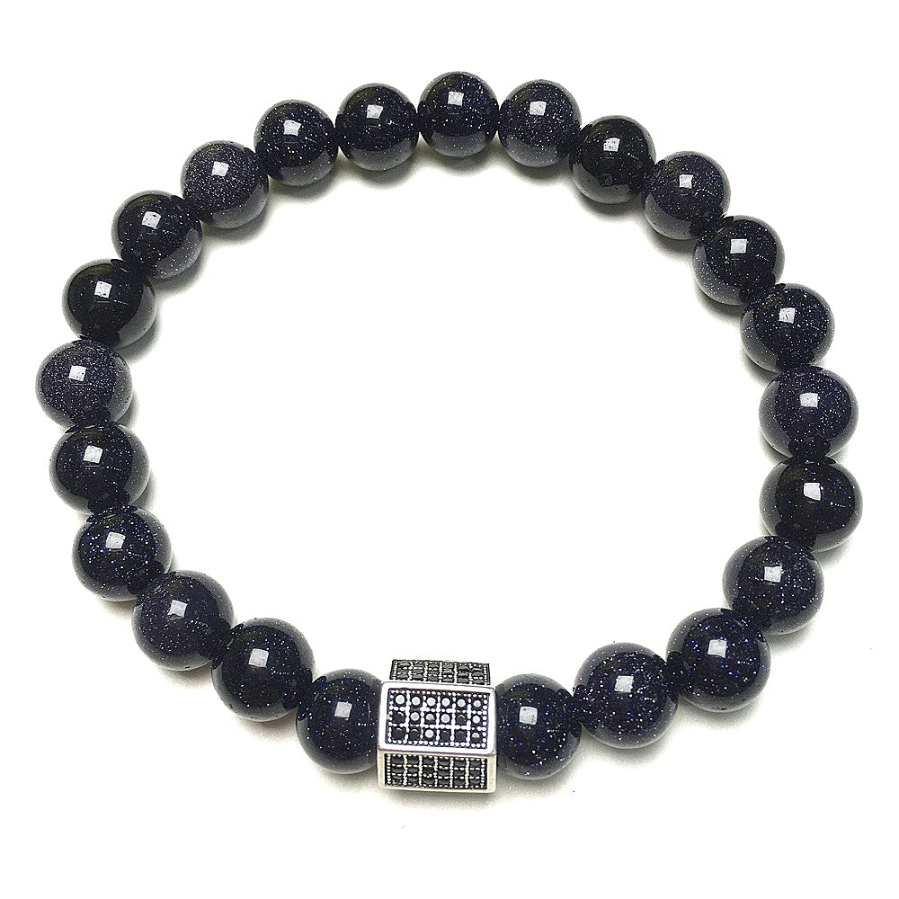 Black Striped CZ Charms Blue Sandstone Stone Beads Elastic Rope Handmade Bracelets