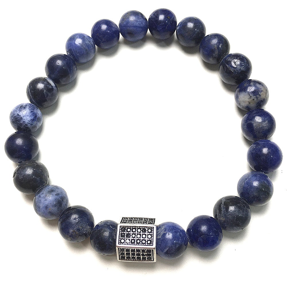 Black Striped CZ Charms Sodalite Stone Beads Elastic Rope Handmade Bracelets