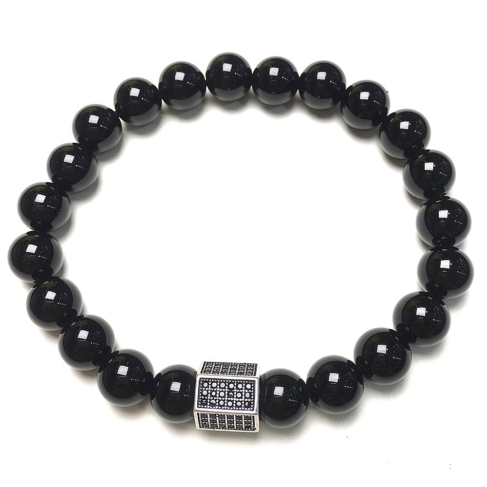 Black Striped CZ Charms Black Onyx Stone Beads Elastic Rope Handmade Bracelets