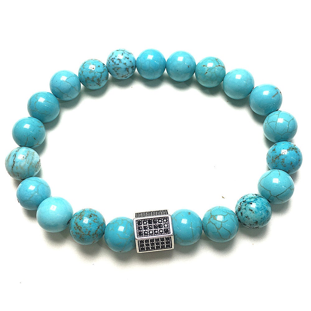 Blue Turqouise Stone Beads with Black Striped CZ Charms Elastic Rope Handmade Bracelets