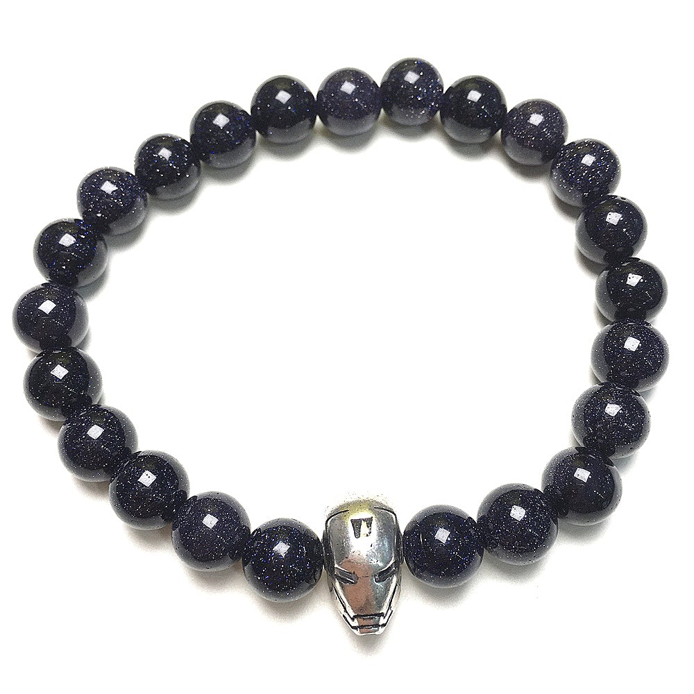 Blue Sandstone Beads with Super Hero Iron Man Bracelet Elastic Handmade Jewelry Accessories