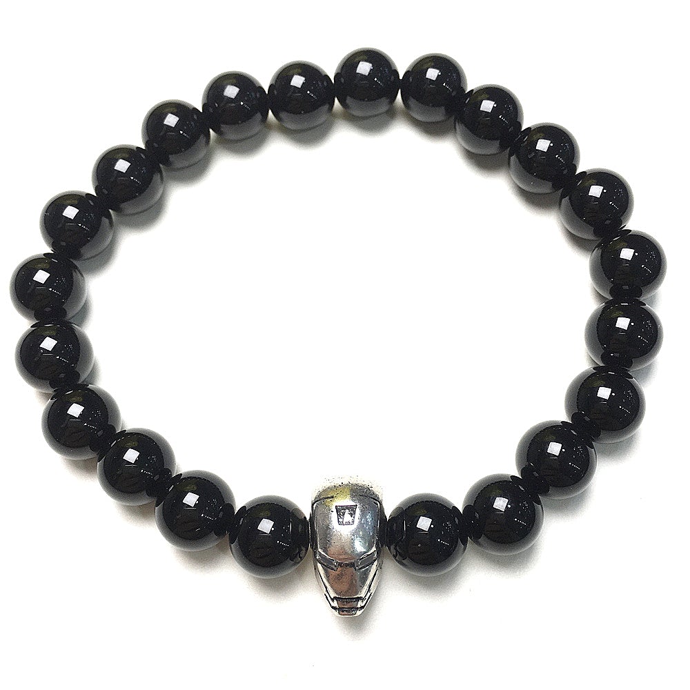 Black Onyx Beads with Super Hero Iron Man Bracelet Elastic Handmade Jewelry Accessories