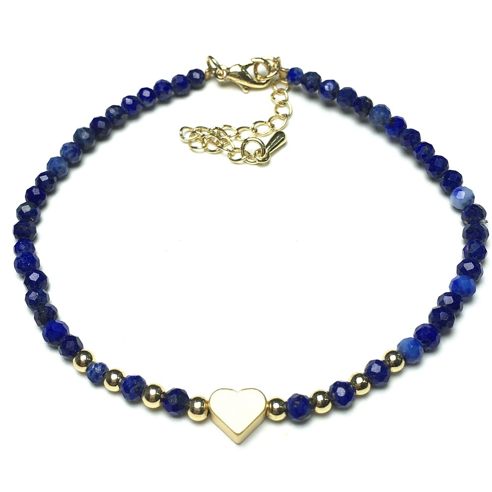 Lapis Lazuli Gemstone Adjustable Tiny Beads Gemstone Bracelet with Love Heart Charm