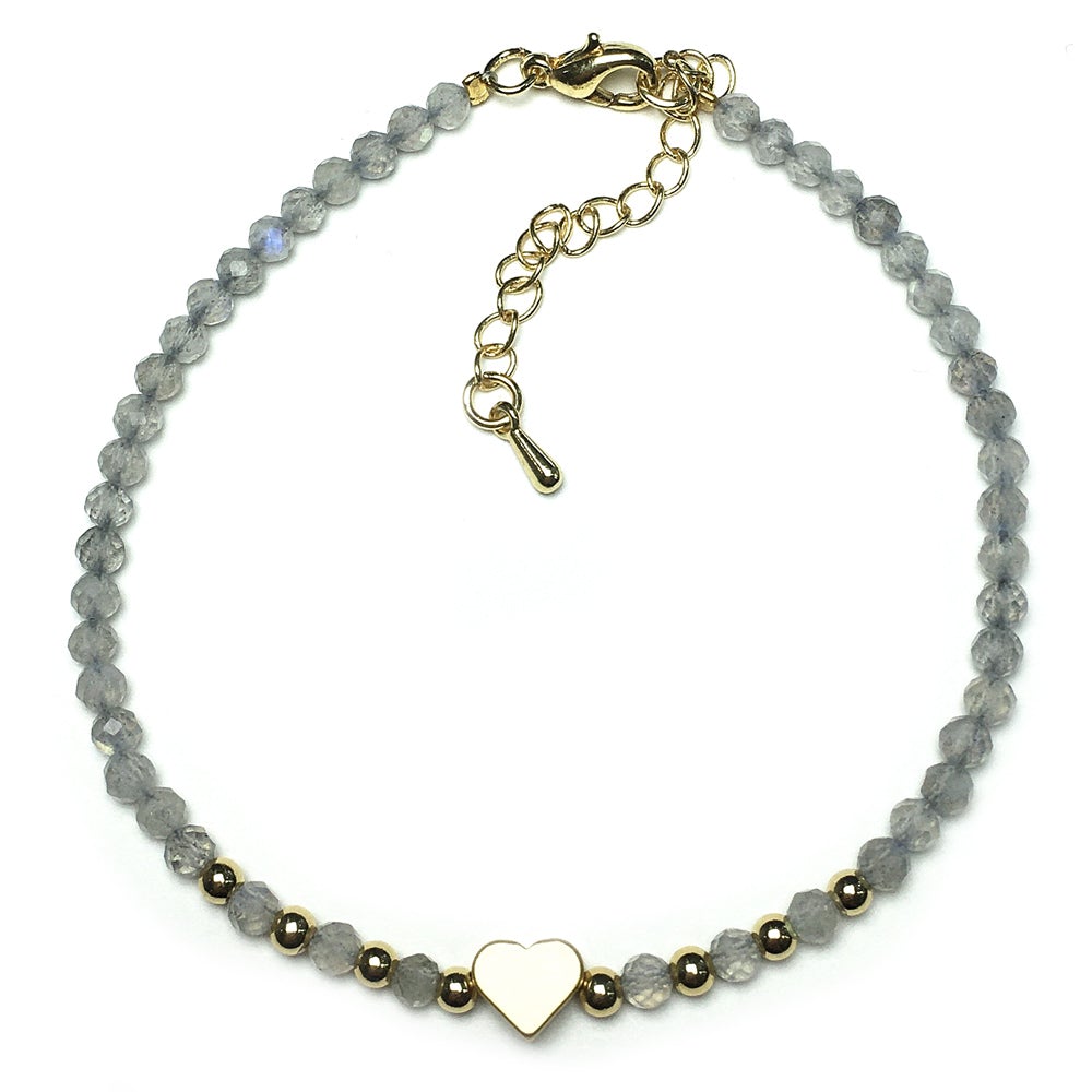 Labradorite Gemstone Adjustable Tiny Beads Gemstone Bracelet with Love Heart Charm
