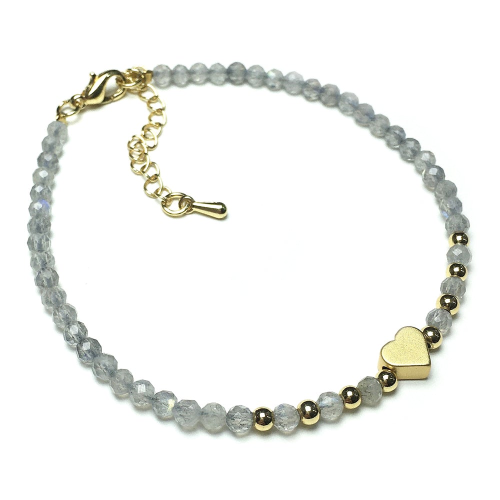 Labradorite Gemstone Adjustable Tiny Beads Gemstone Bracelet with Love Heart Charm