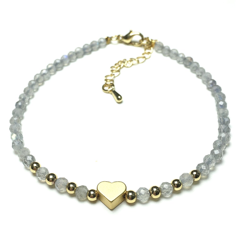 Labradorite Gemstone Adjustable Tiny Beads Gemstone Bracelet with Love Heart Charm