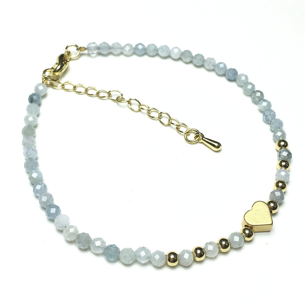 Blue Aquamarine Gemstone Adjustable tiny Beads Gemstone Bracelet with Love Heart Charm