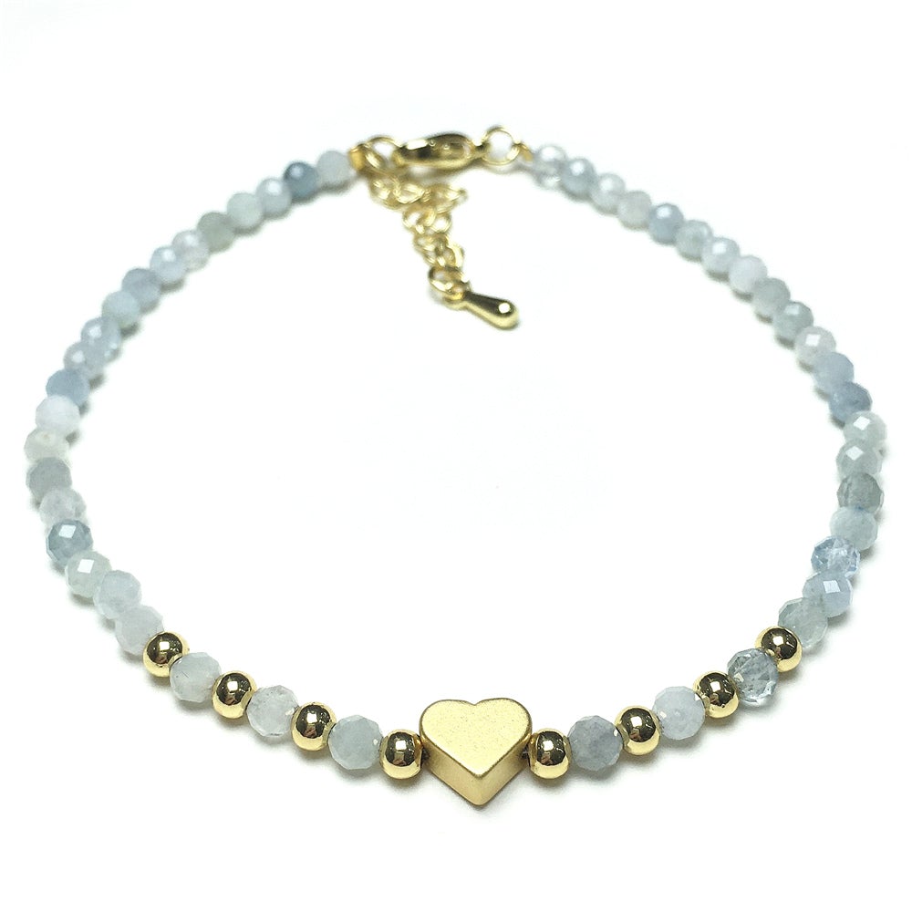 Blue Aquamarine Gemstone Adjustable tiny Beads Gemstone Bracelet with Love Heart Charm