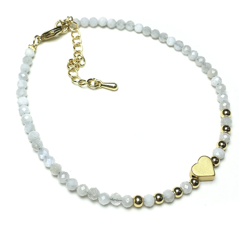 Moonstone Gemstone Adjustable Tiny Beads Gemstone Bracelet with Love Heart Charm