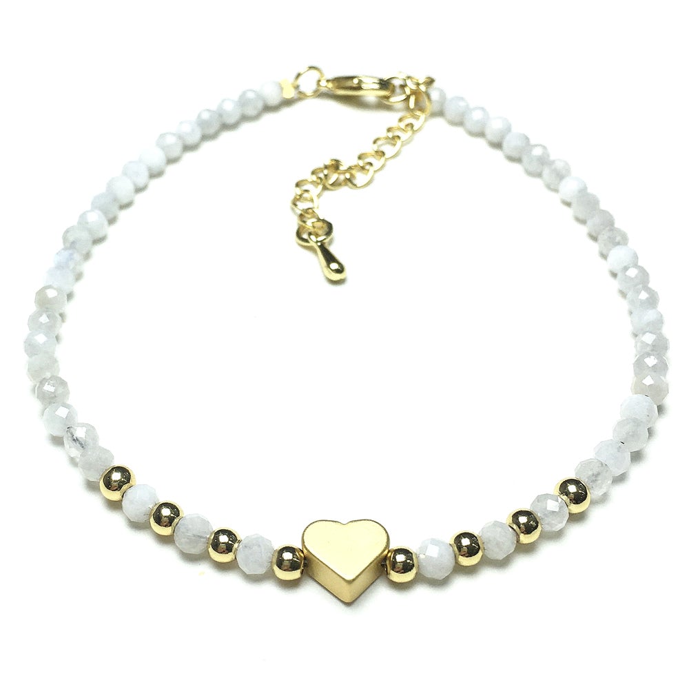 Moonstone Gemstone Adjustable Tiny Beads Gemstone Bracelet with Love Heart Charm