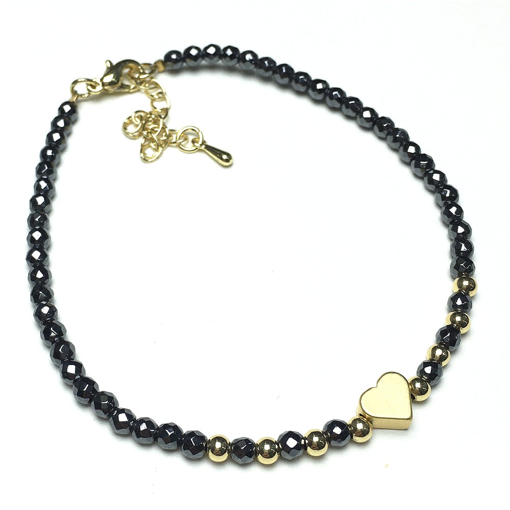 Hematite Gemstone Adjustable Tiny Beads Gemstone Bracelet with Love Heart Charm