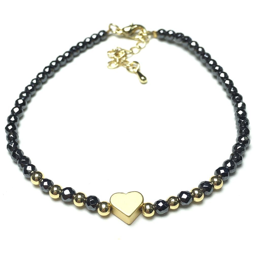 Hematite Gemstone Adjustable Tiny Beads Gemstone Bracelet with Love Heart Charm
