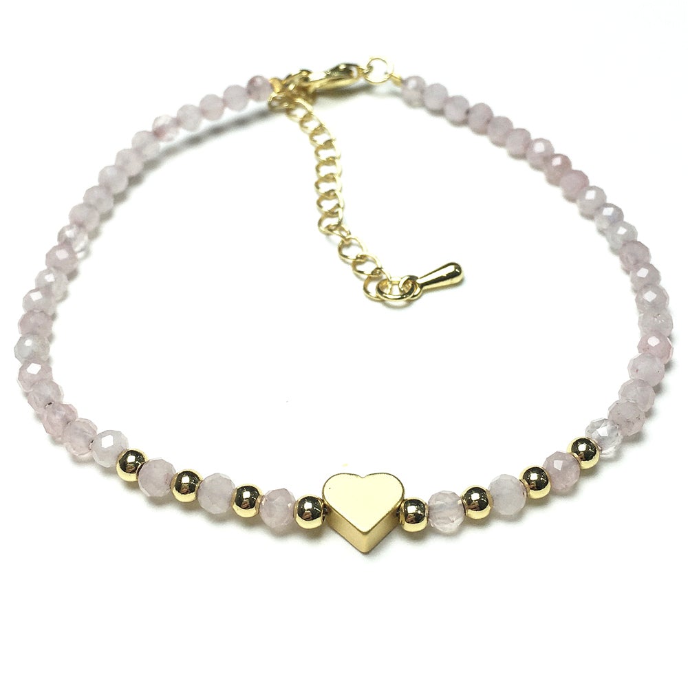 Rose Quartz Gemstone Adjustable Beaded Bracelet with Love Heart Charm