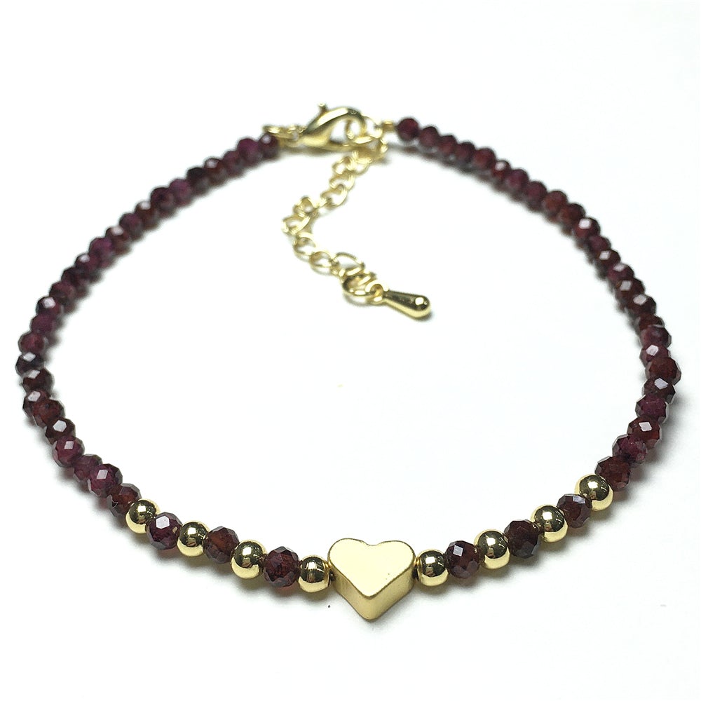 Garnet Gemstone Adjustable Beaded Bracelet with Love Heart Charm