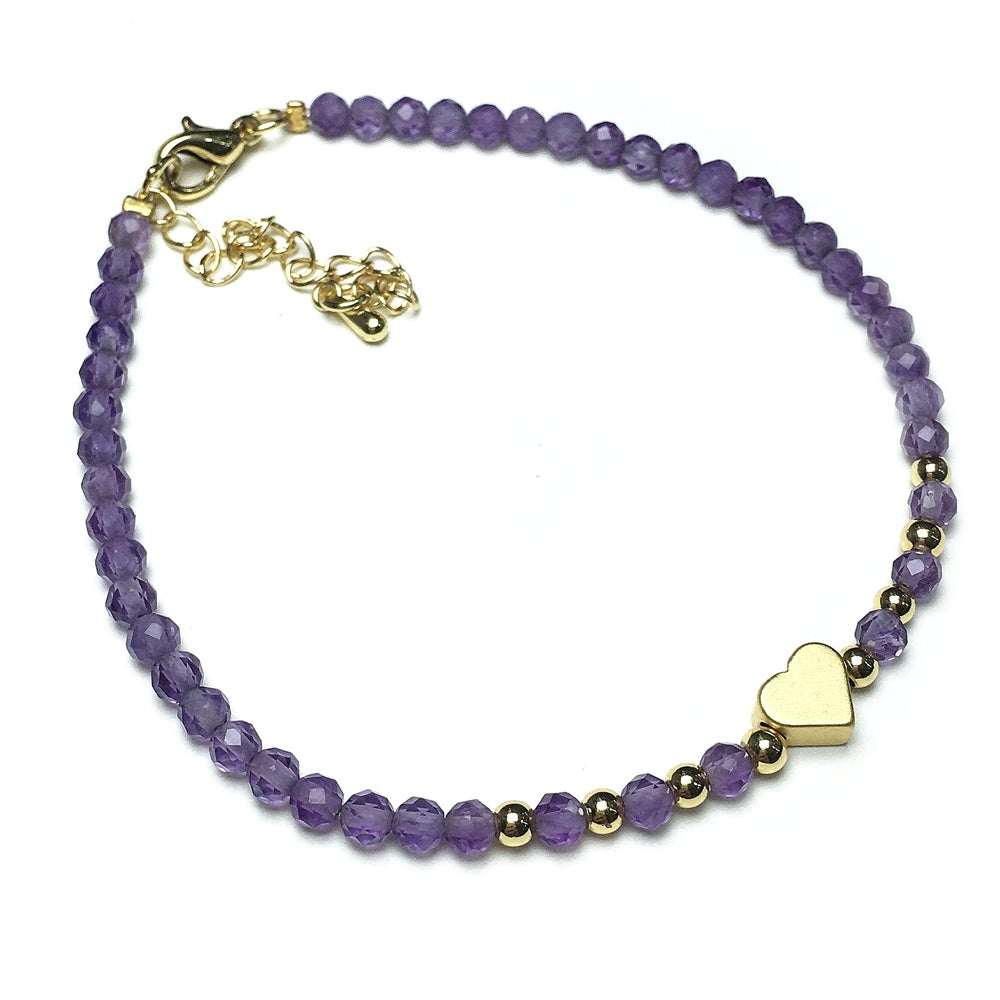 Amethyst Gemstone Adjustable tiny Beads Gemstone Bracelet with Love Heart Charm