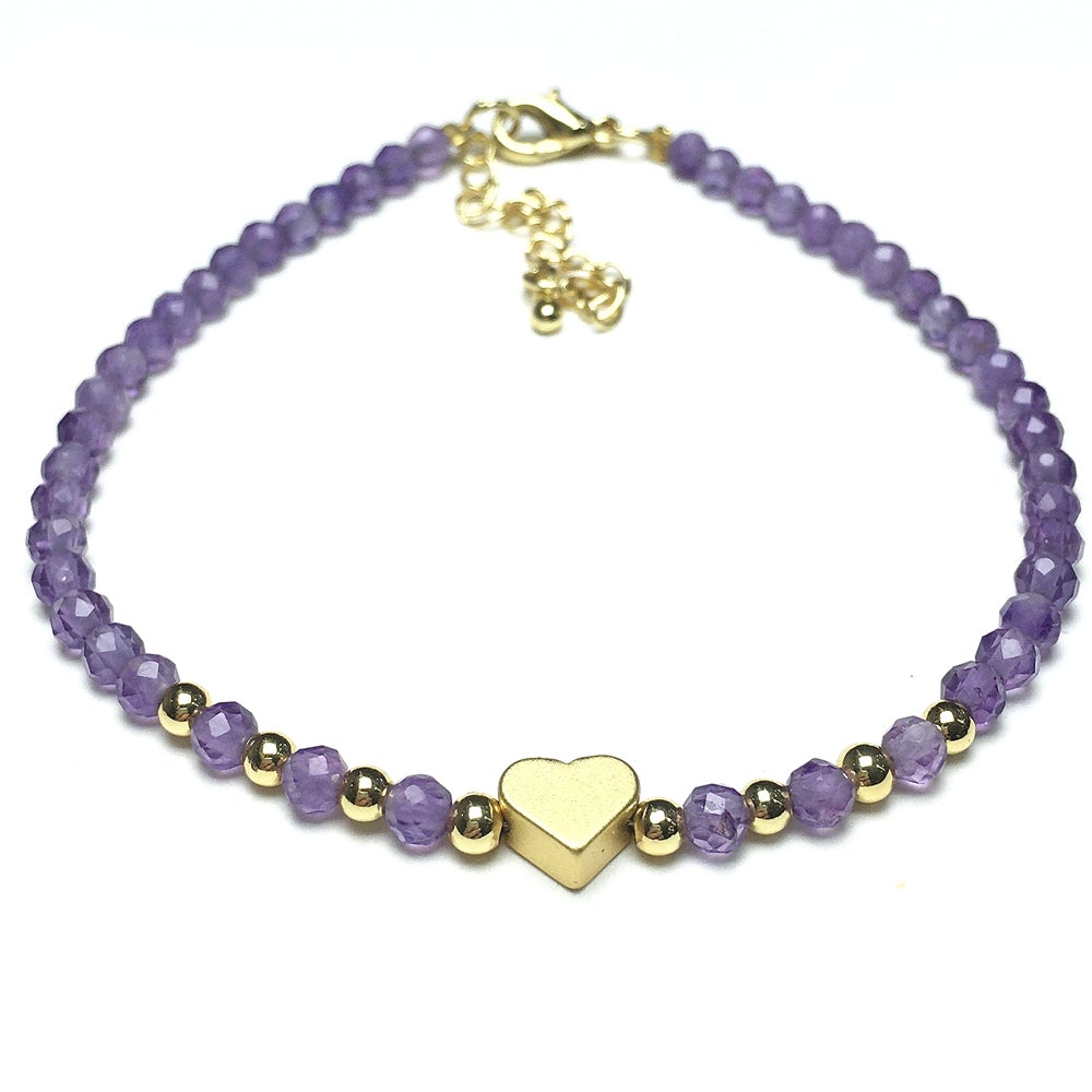 Amethyst Gemstone Adjustable tiny Beads Gemstone Bracelet with Love Heart Charm