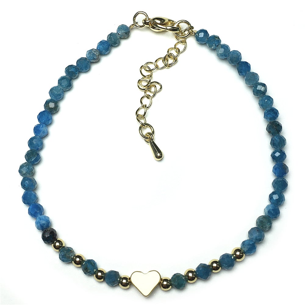 Blue Apatite Gemstone Adjustable tiny Beads Gemstone Bracelet with Love Heart Charm