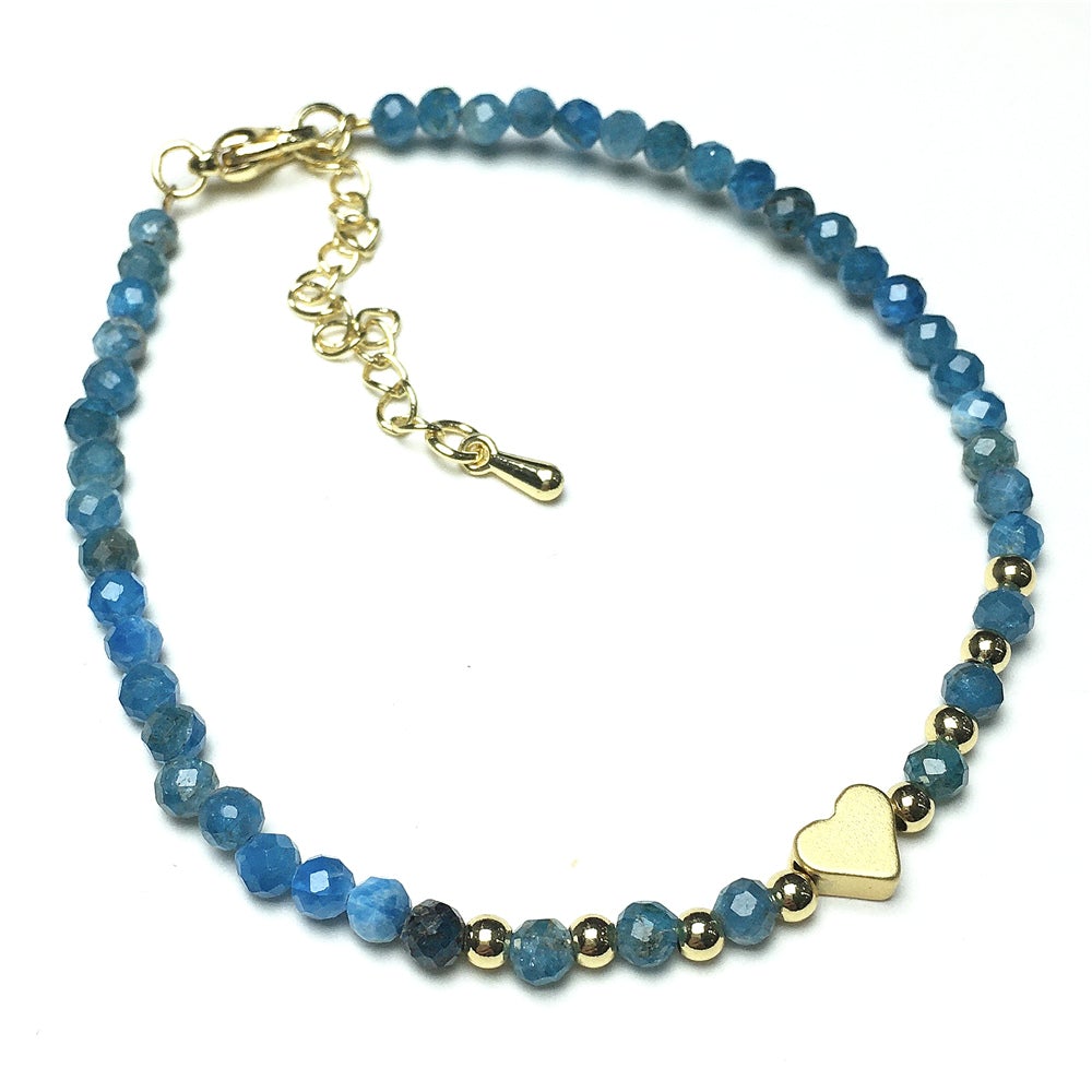 Blue Apatite Gemstone Adjustable tiny Beads Gemstone Bracelet with Love Heart Charm