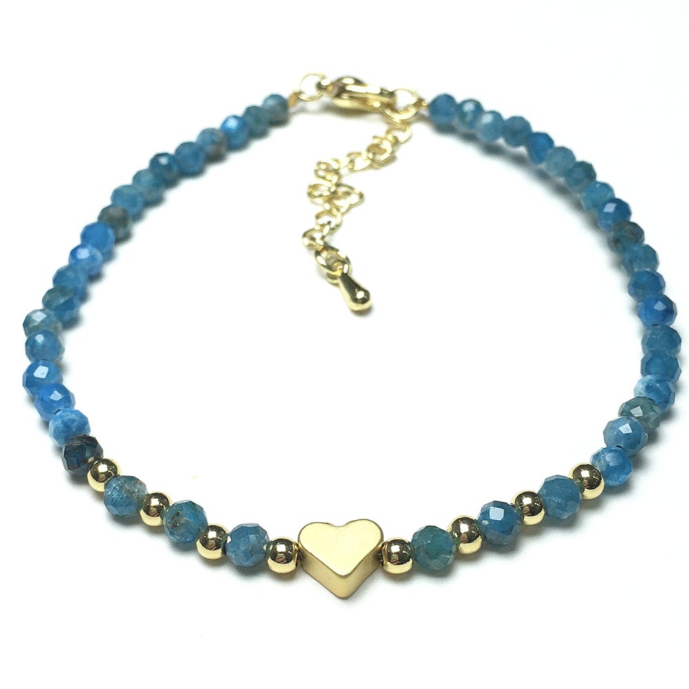 Blue Apatite Gemstone Adjustable tiny Beads Gemstone Bracelet with Love Heart Charm