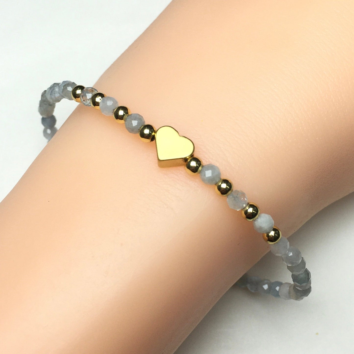 Blue Aquamarine Gemstone Adjustable tiny Beads Gemstone Bracelet with Love Heart Charm