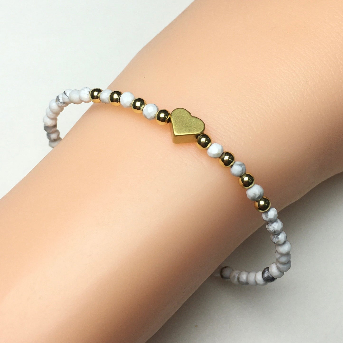 Howlite Gemstone Adjustable tiny Beads Gemstone Bracelet with Love Heart Charm