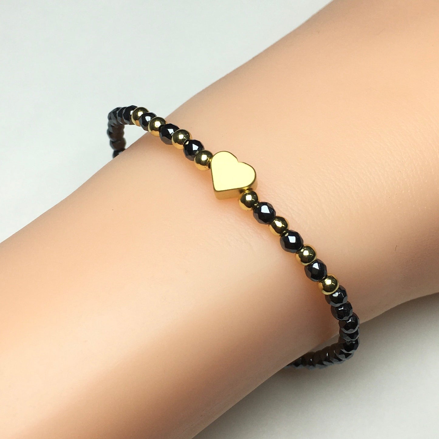 Hematite Gemstone Adjustable Tiny Beads Gemstone Bracelet with Love Heart Charm