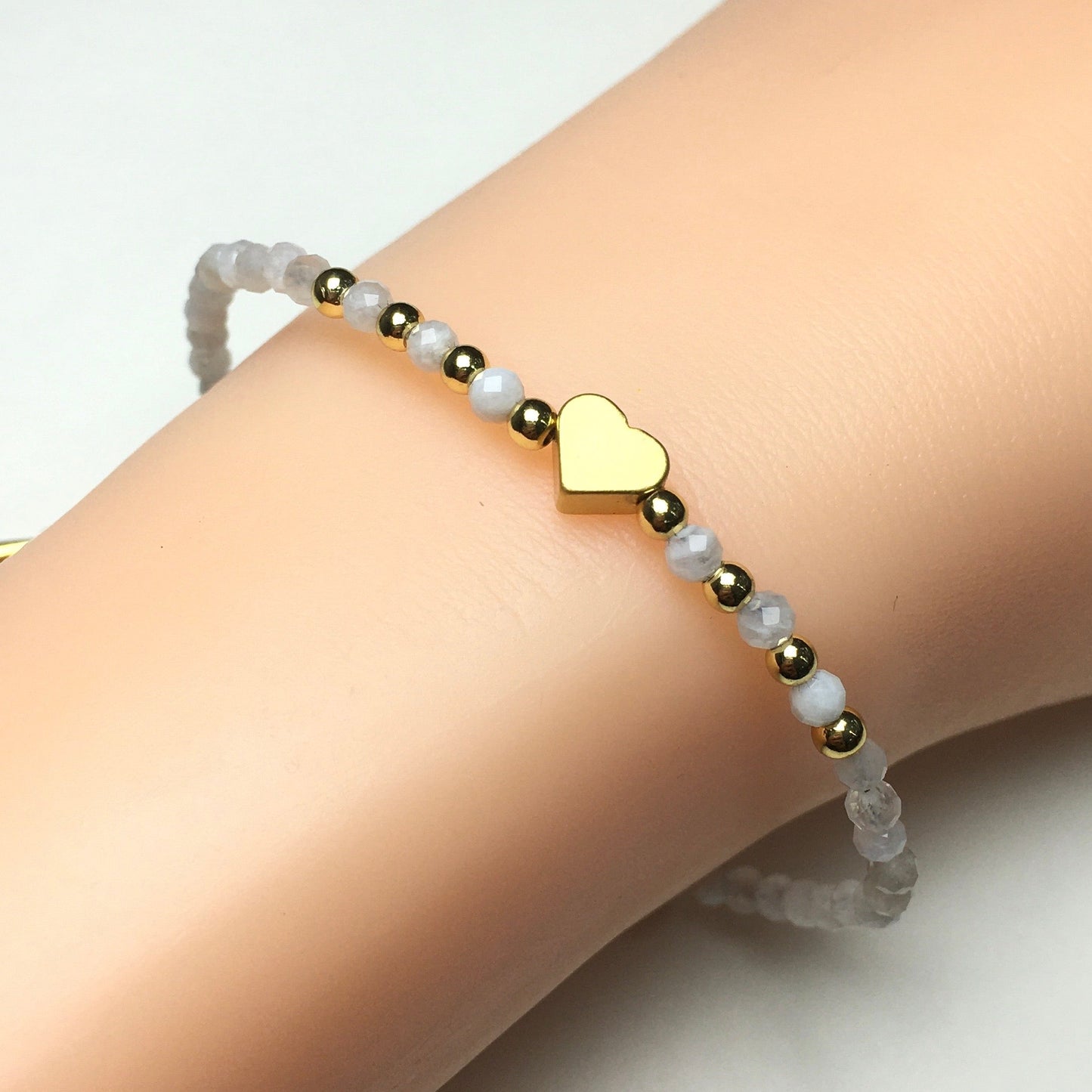 Moonstone Gemstone Adjustable Tiny Beads Gemstone Bracelet with Love Heart Charm