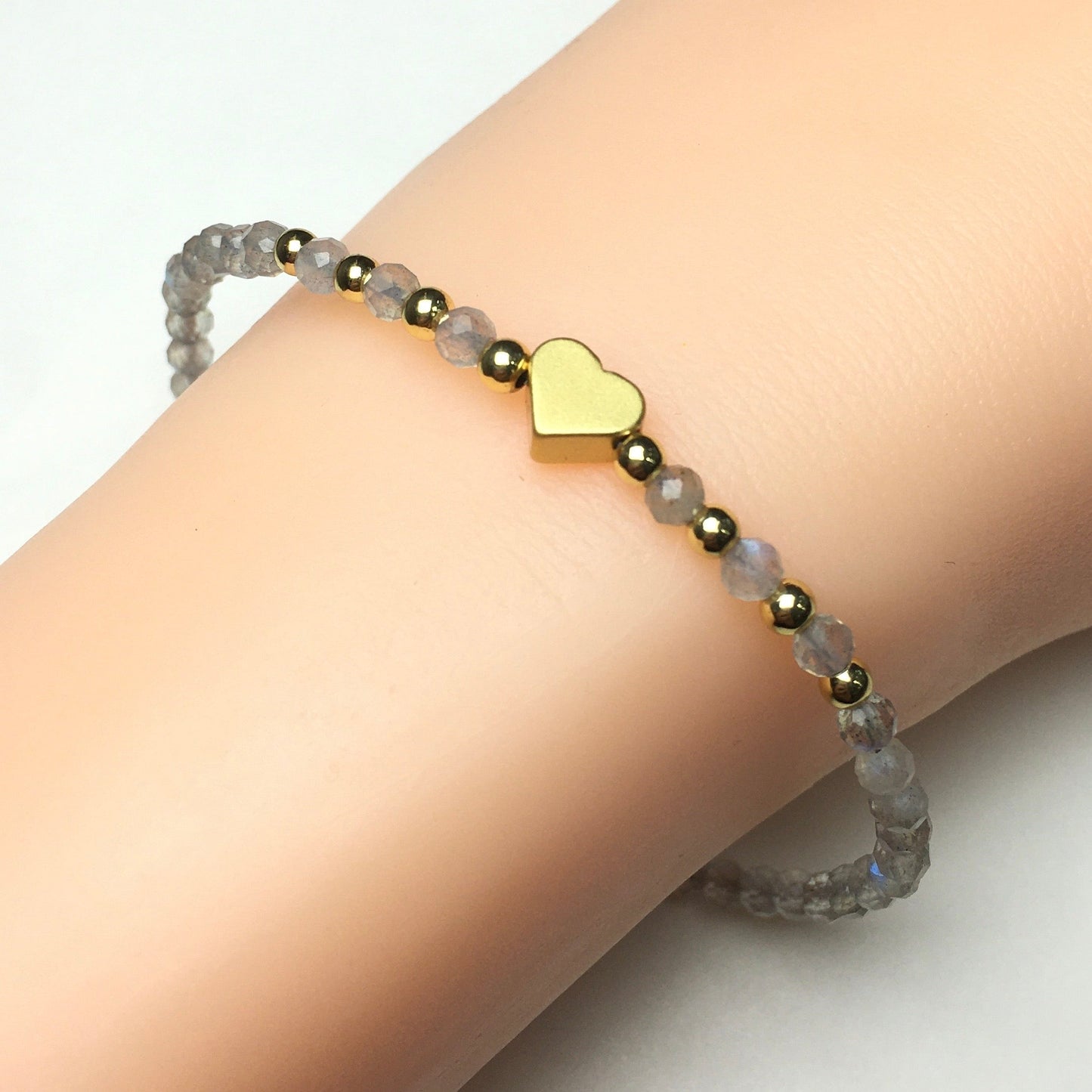 Labradorite Gemstone Adjustable Tiny Beads Gemstone Bracelet with Love Heart Charm